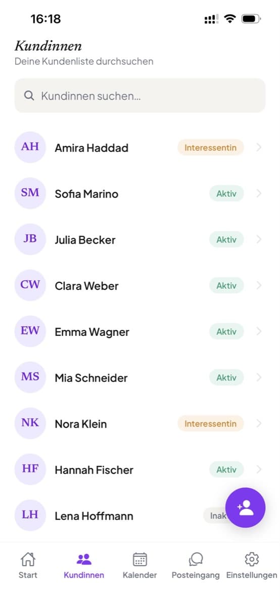 Die Kundinnenliste mit den Labels „Interessentin“ und „Aktiv“