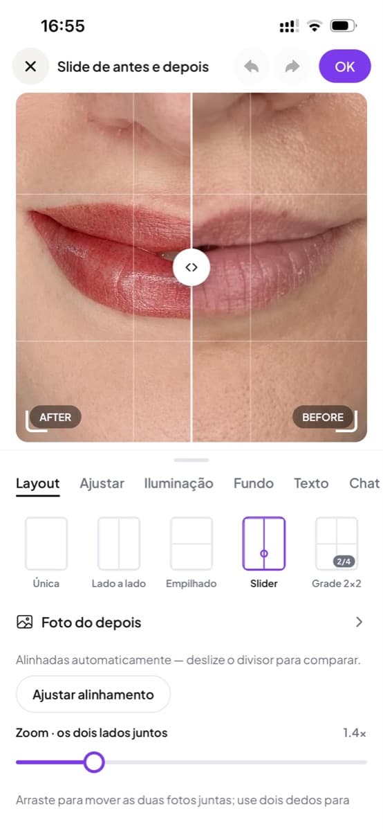 O editor de antes e depois, com o layout slider selecionado